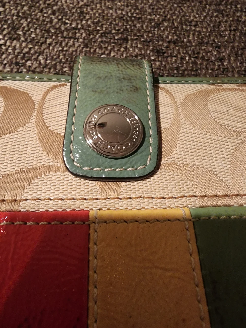 Coach Signature Canvas Multi-Color Accordion Wallet - Green Accent
